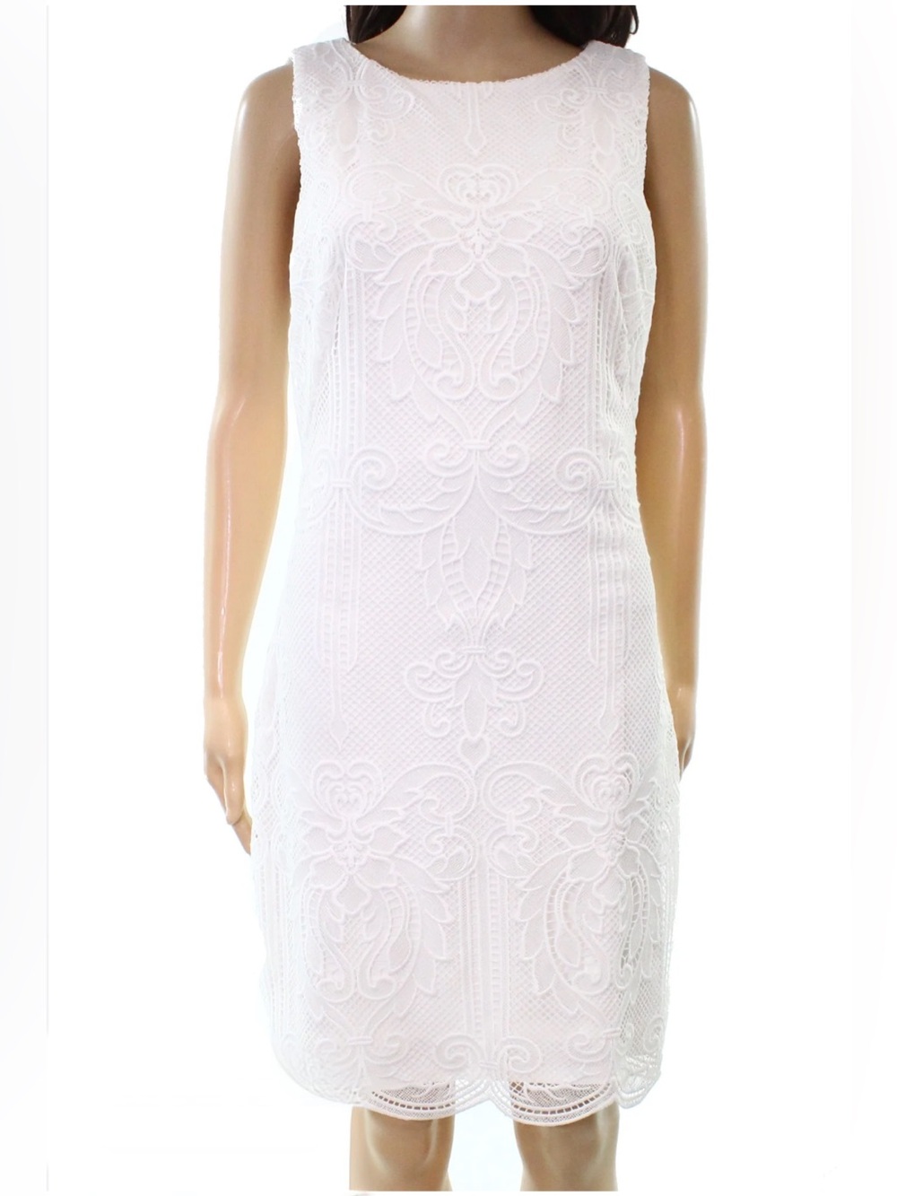New Ralph Lauren Sleeveless White Lace Sheath Dress. Size 10P
